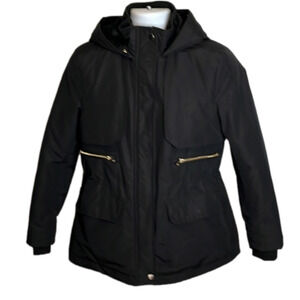 ZARA black coat, size medium, gold tone accents, drawstring waist, like new